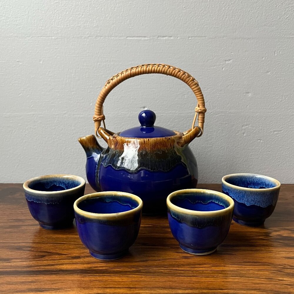 Japanese Cobalt Blue Drip Glaze Tea Set with Rattan Handle and 4 Tea Cups Bowls